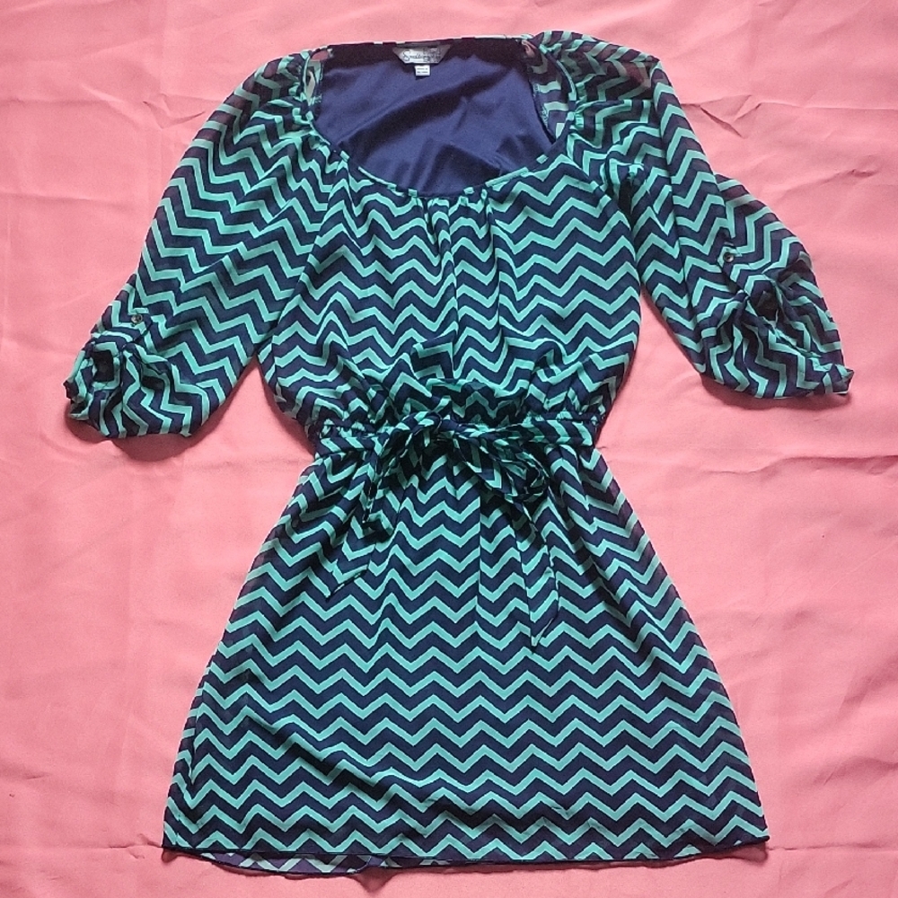 Speechless Chevron Long Sleeve Dress in Blue and Green